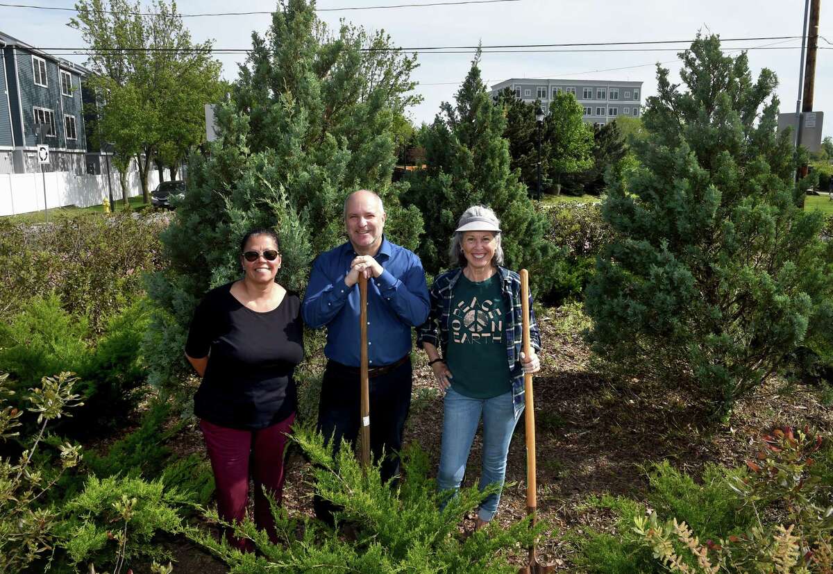 From left, Alder Carmen Rodriguez, Friends of Sea Street Circle Chair Stephane Girard and Friends of Sea Street Circle member Patty Nicolari are photographed in the circle on Sea Street in New Haven May 18, 2022, after cleaning out the area and pruning some of the bushes.