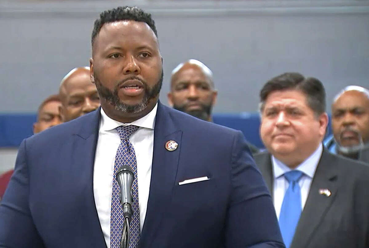 Rep. Kam Buckner, a Chicago Democrat who sponsored House Bill 4383, speaks at a news conference in Chicago at which Gov. J.B. Pritzker signed a measure that regulates "ghost guns."