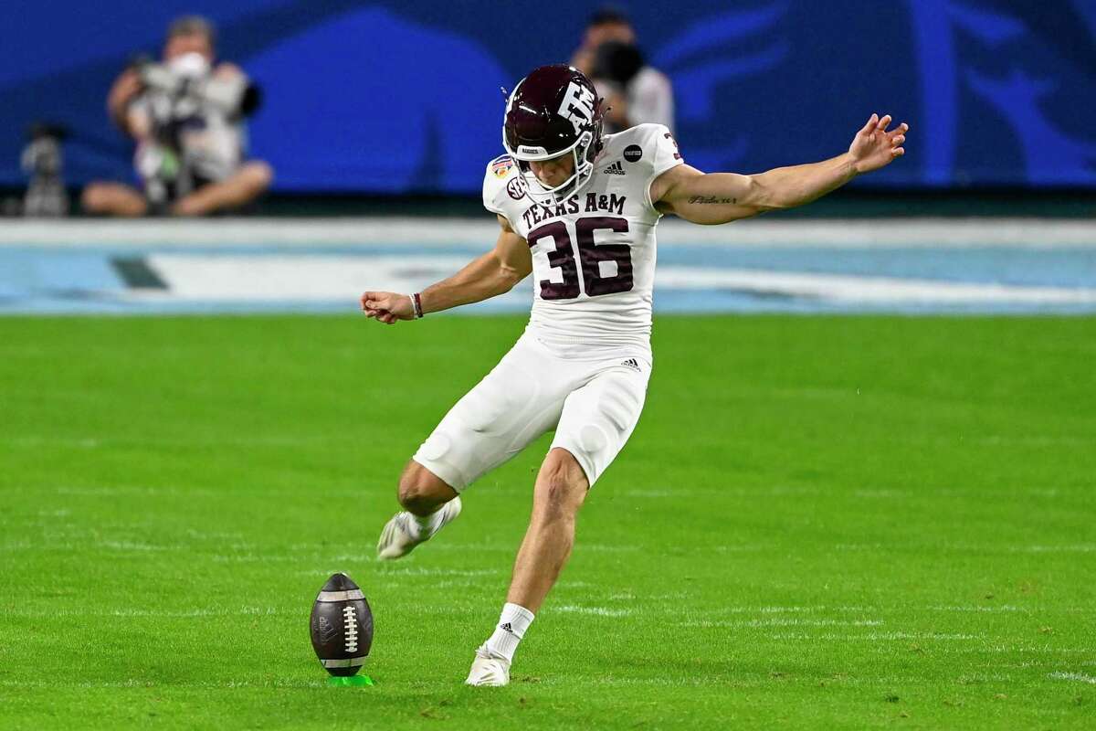 Caden Davis (36) has waited his turn and now steps in to replace reliable Seth Small as the Aggies’ kicker.