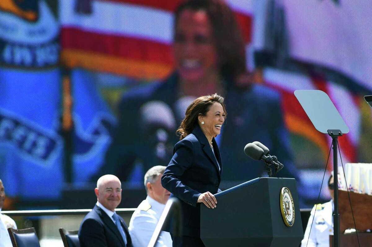 Vice President Kamala Harris delivers the keynote address at the U.S. Coast Guard Academy's 141st Commencement Exercises Wednesday in New London.