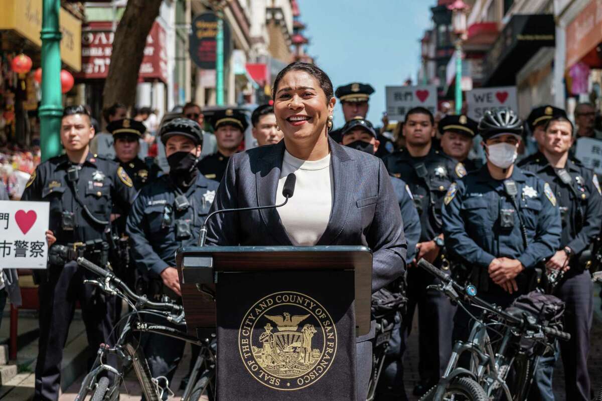Mayor London Breed speaks at a press conference announcing a new deployment of police footbeats in tourist areas. 26 additional officers on foot and bike in areas like waterfront, Chinatown, Union square, Alamo square, palace of fine arts and Japantown on Monday, July 19, 2021.