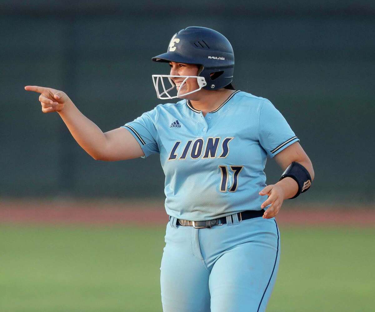 Madelyn Lopez of Lake Creek reacts after hitting a run-scoring double in the fifth inning Wednesday night against Friendswood at Katy Tompkins High School.