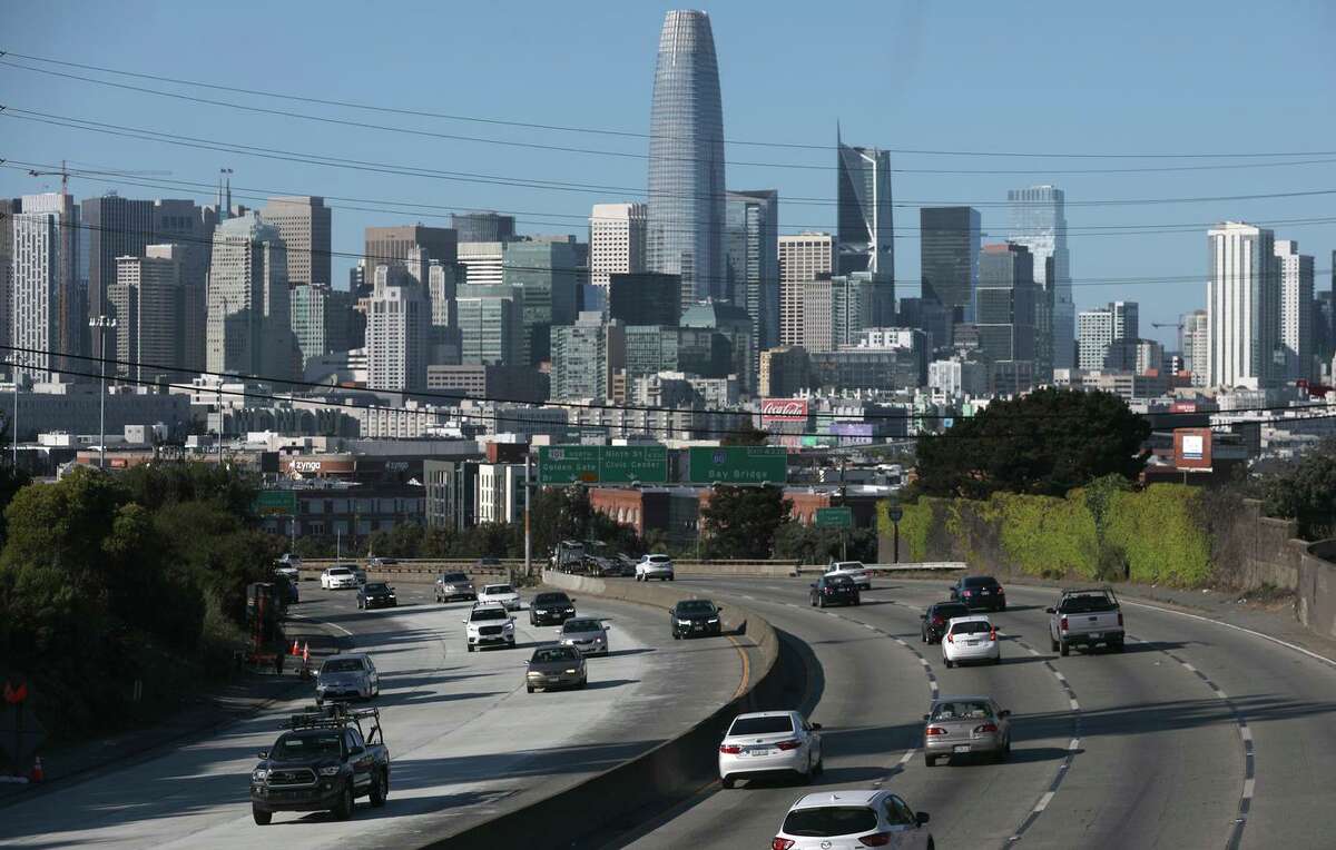 View of 101 freeway toward downtown seen on a late afternoon on Tuesday, April 28, 2020, in San Francisco. California’s 2021 traffic deaths accounted for 10% of all the traffic deaths in the country and are indicative, state officials said, of a “crisis on our roadways.”