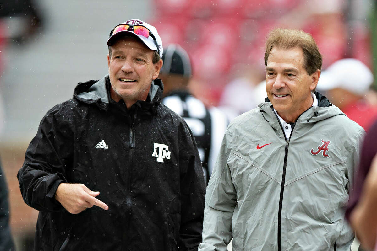TUSCALOOSA, AL - SEPTEMBER 22: Head Coach Jimbo Fisher of the Texas A&M Aggies talks at midfield with Head Coach Nick Saban of the Alabama Crimson Tide at Bryant-Denny Stadium on September 22, 2018 in Tuscaloosa, Alabama. The Crimson Tide defeated the Aggies 45-23. (Photo by Wesley Hitt/Getty Images)