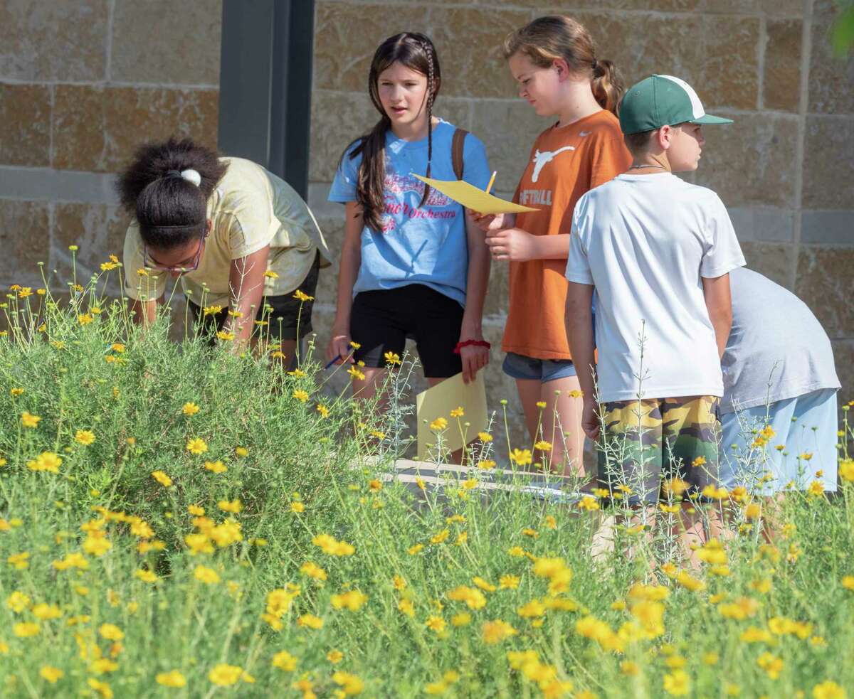 Sixth grade students from Yarbrough Elementary work on a scavenger hunt to learn about Centennial Park and different aspects of water conservation and native plants and insects 05/19/2022 during the Centennial Park’s Field Trip Pilot program in Centennial Plaza. Tim Fischer/Reporter-Telegram