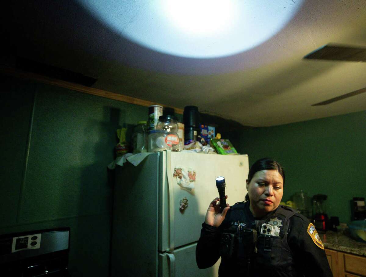 Harris County Sheriff’s Office deputy Jessica Suarez responded to the residence of Yazmin Jezabel after a bullet pierced her ceiling and nearly hit her, on Saturday, May 14, 2022, in Houston.