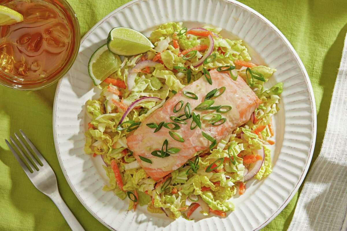 Poached Salmon and Napa Slaw With Citrus-Miso Dressing.
