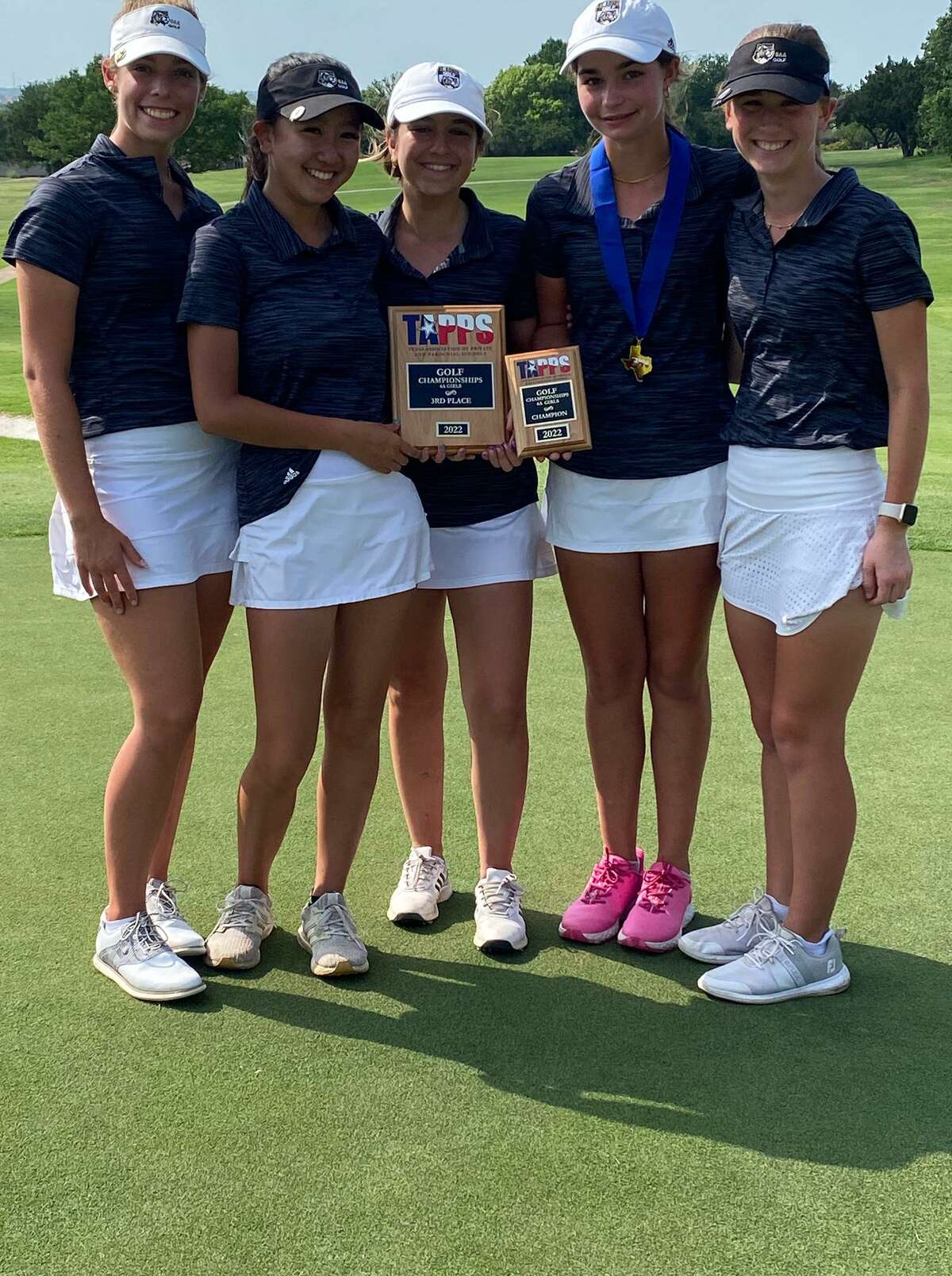 St. Agnes Academy freshman Sophia Ellestad (center) won the TAPPS 6A individual state championship and St. Agnes finished third as a team at the state tournament on May 9 and 10 at Wildflower Country Club in Temple