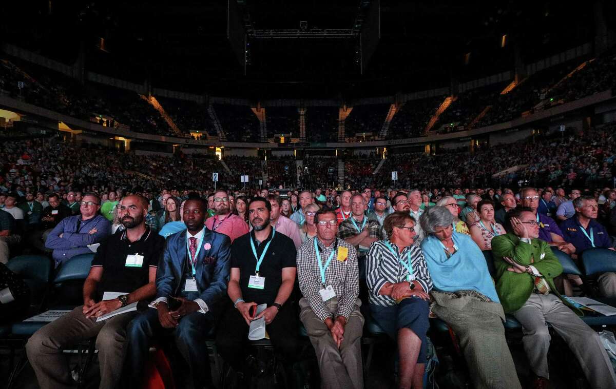People listen to a presentation by the International Mission Board on the first day of the Southern Baptist Convention's annual meeting on Tuesday, June 11, 2019, in Birmingham.