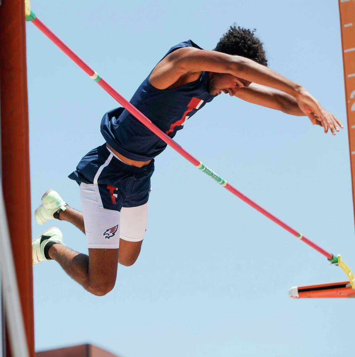 Matthew Kumar of Katy Tompkins competes the Class 6A pole vault during the UIL State Track & Field Championships at Mike a Myers Stadium, Saturday, May 14, 2022, in Austin.