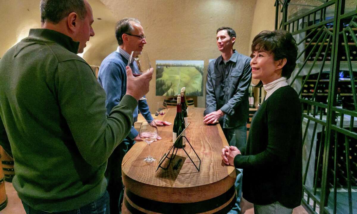 Winemaker Akiko Freeman (right) talks with guests at Freeman Winery in Sebastopol.