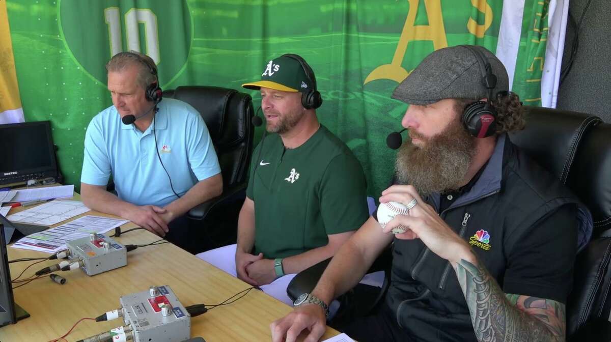 While recuperating from a sprained knee, Vogt (center) spent time in the NBCSCA broadcast booth with A’s announcers Glen Kuiper (left) and Dallas Braden.