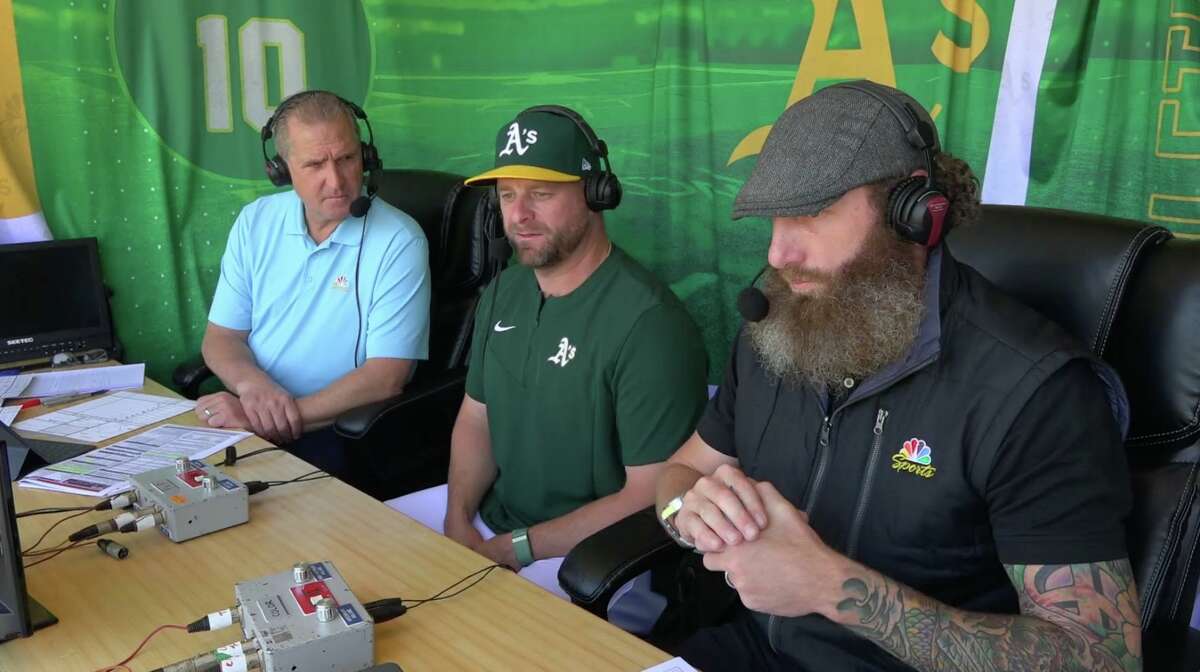 A's catcher Stephen Vogt (center) joined Glen Kuiper (left) and Dallas Braden in the NBCSCA booth during a May broadcast.