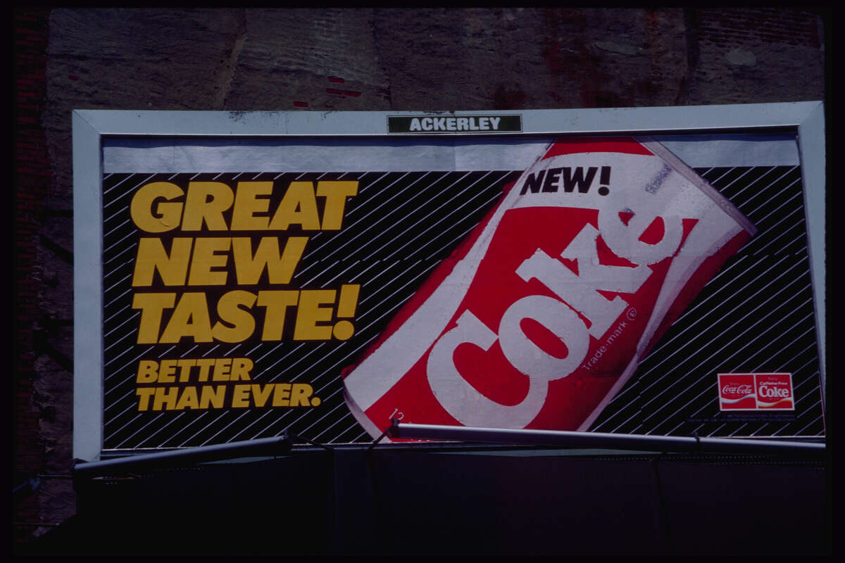 Coca Cola billboard for the short-lived New Coke. (Photo by Â© Todd Gipstein/CORBIS/Corbis via Getty Images)
