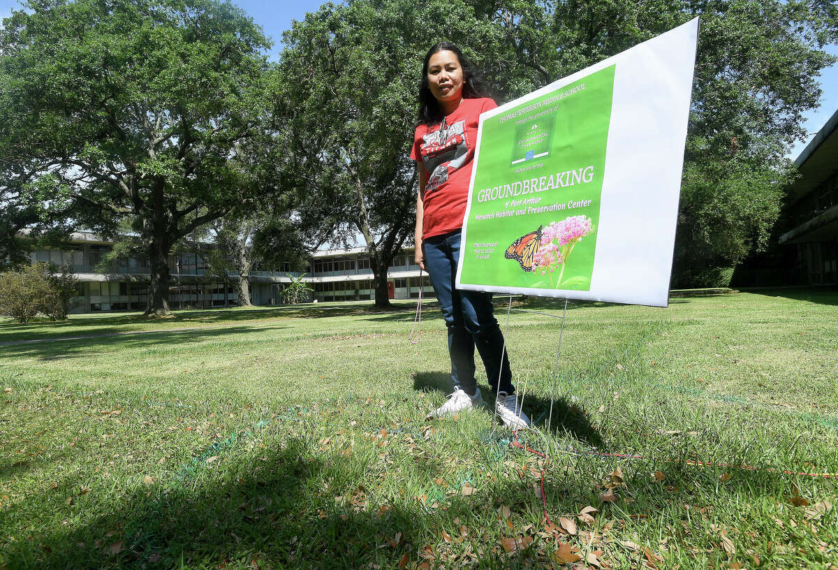 Thomas Jefferson Middle School science teacher Asther Reyes stands in the courtyard space which will become the monarch butterfly preserve and habitat that she and students will create after receiving a $5,000 grant from Port Arthur LNG as part of their Environmental Champions Initiative. Photo made Wednesday, May 18, 2022. Kim Brent/The Enterprise