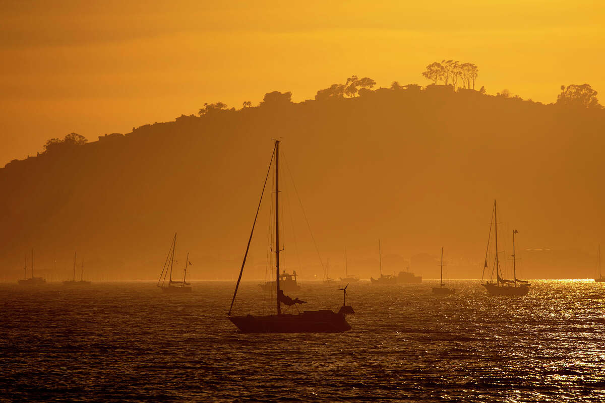 Sailboats are seen off Butterfly Beach on March 5, 2021 in the new hometown of the Duke and Duchess of Sussex Harry and Meghan, who purchased a home in Montecito.