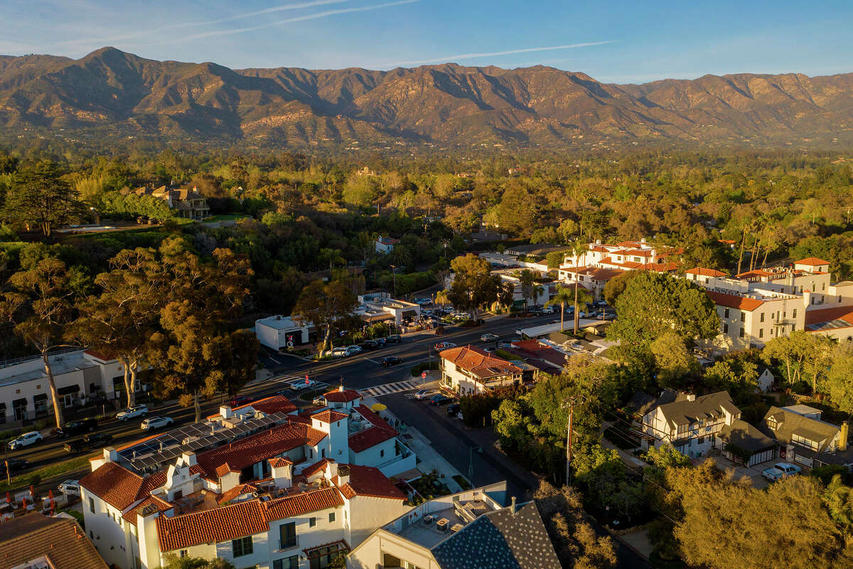 This aerial view taken in June 2020 shows the commercial center of the hometown of the Duke and Duchess of Sussex, Harry and Meghan, who purchased the Chateau of Riven Rock in Montecito.