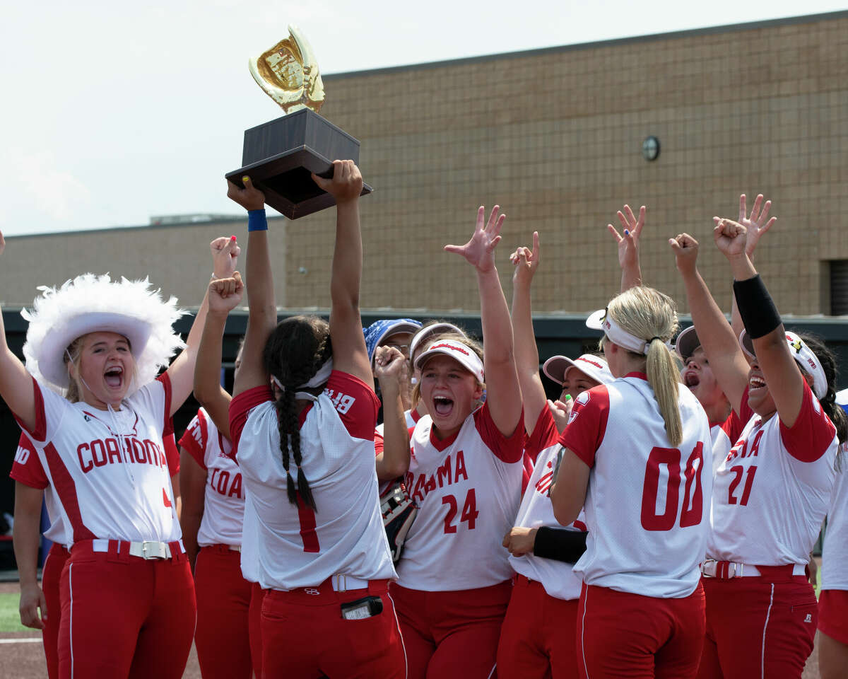 The Coahoma softball team celebrates following its 9-6 win over Merkel in Game 2 of the Class 3A regional quarterifinal series held at Abilene Christian University on Saturday, May 14, 2022. 