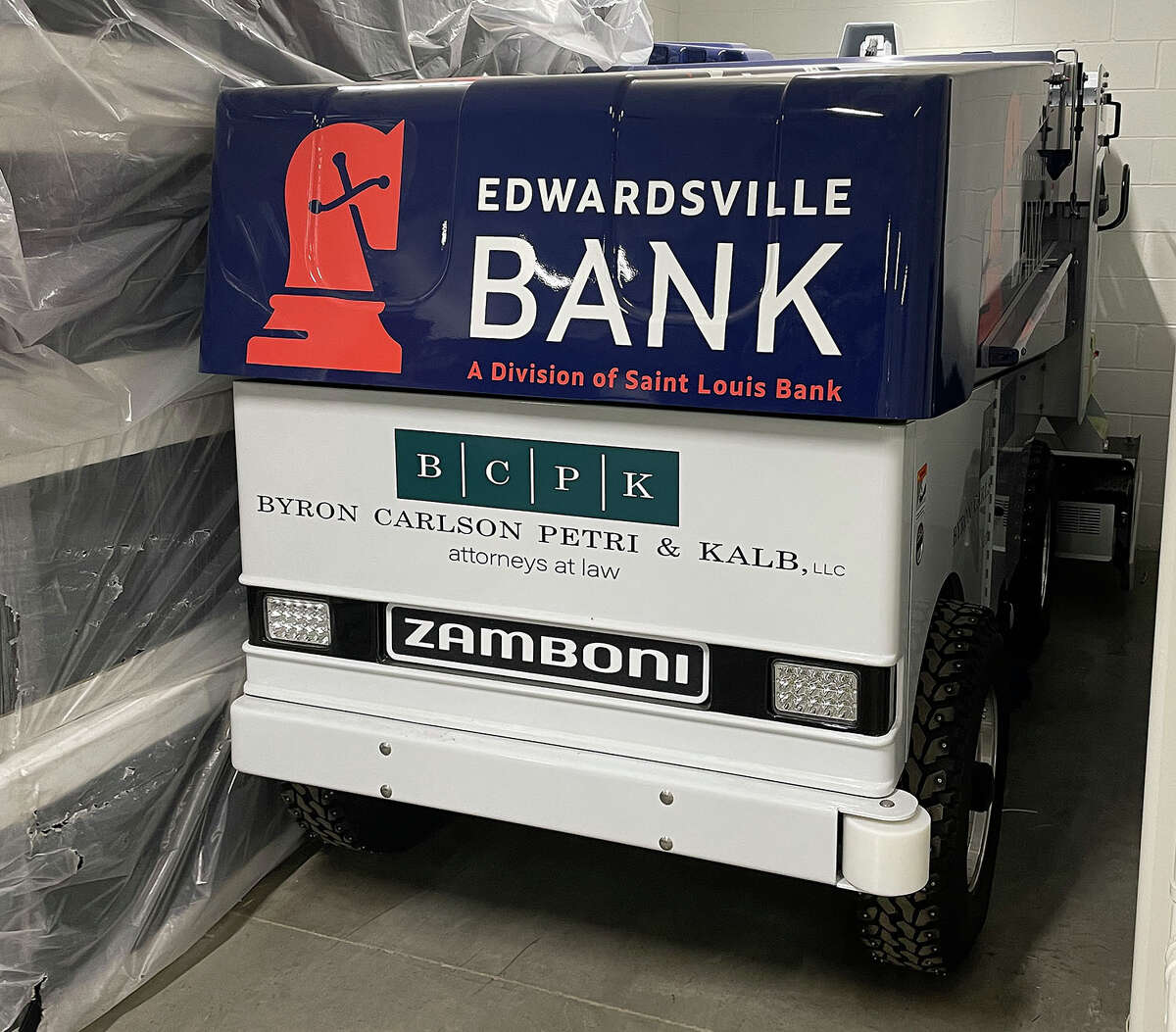 The Zamboni as it was tucked into its space Thursday at the R.P. Lumber Center.
