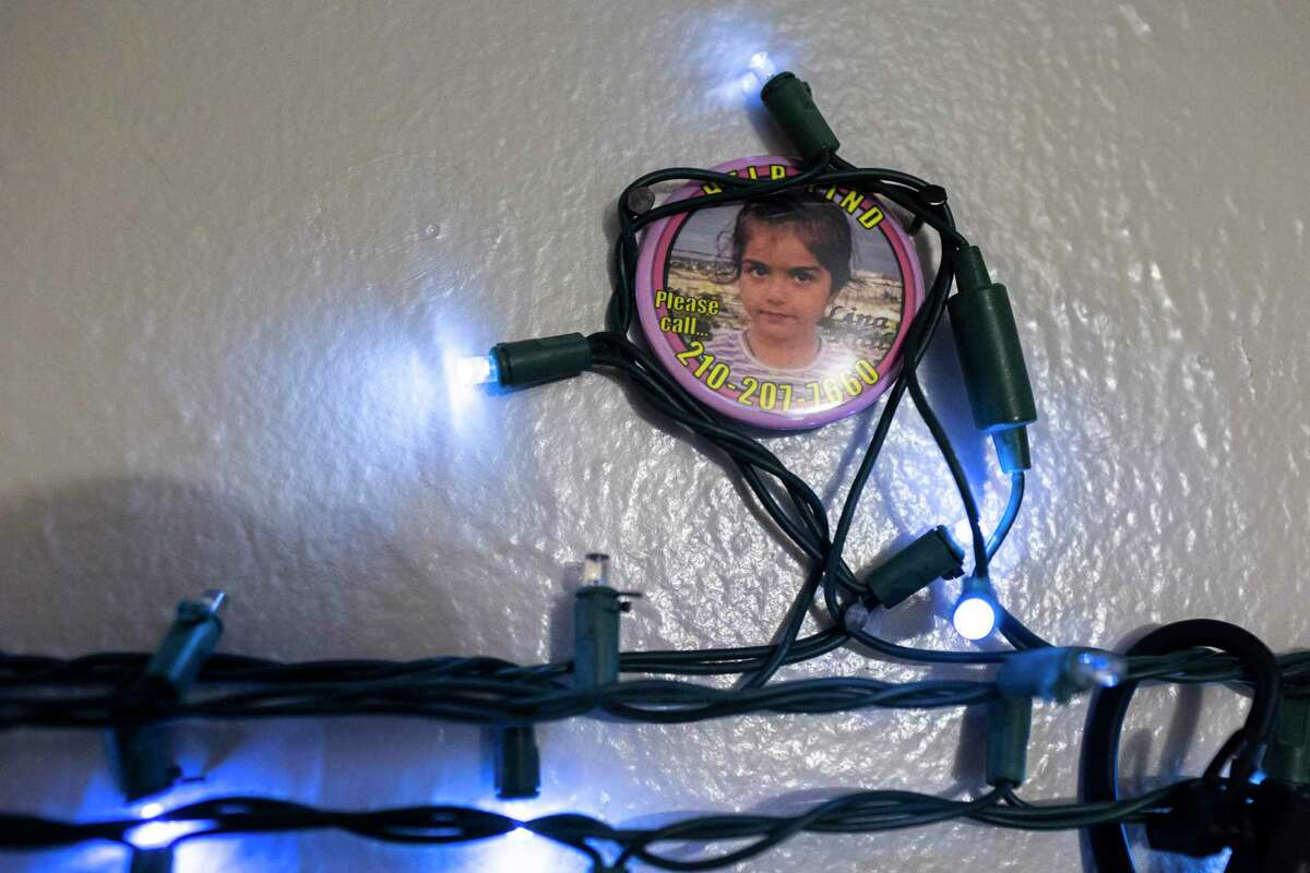 String lights spelling out “Lina” in Pashto hang on the wall of her family’s home in San Antonio on May 19, 2022.