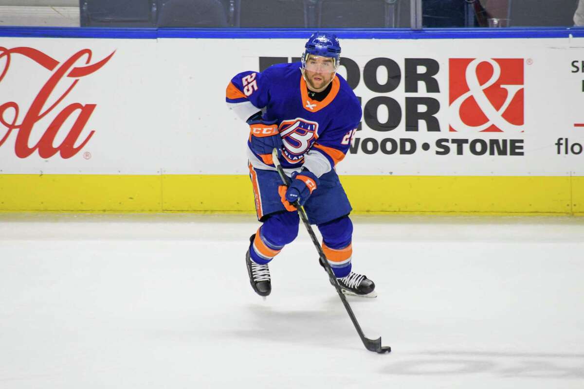 Bridgeport Islanders forward Chris Terry skates against the Charlotte Checkers during Game 1 of an AHL playoff series on May 10, 2022 at Total Mortgage Arena in Bridgeport Conn. Terry lead the Islanders in scoring this season with 61 points.