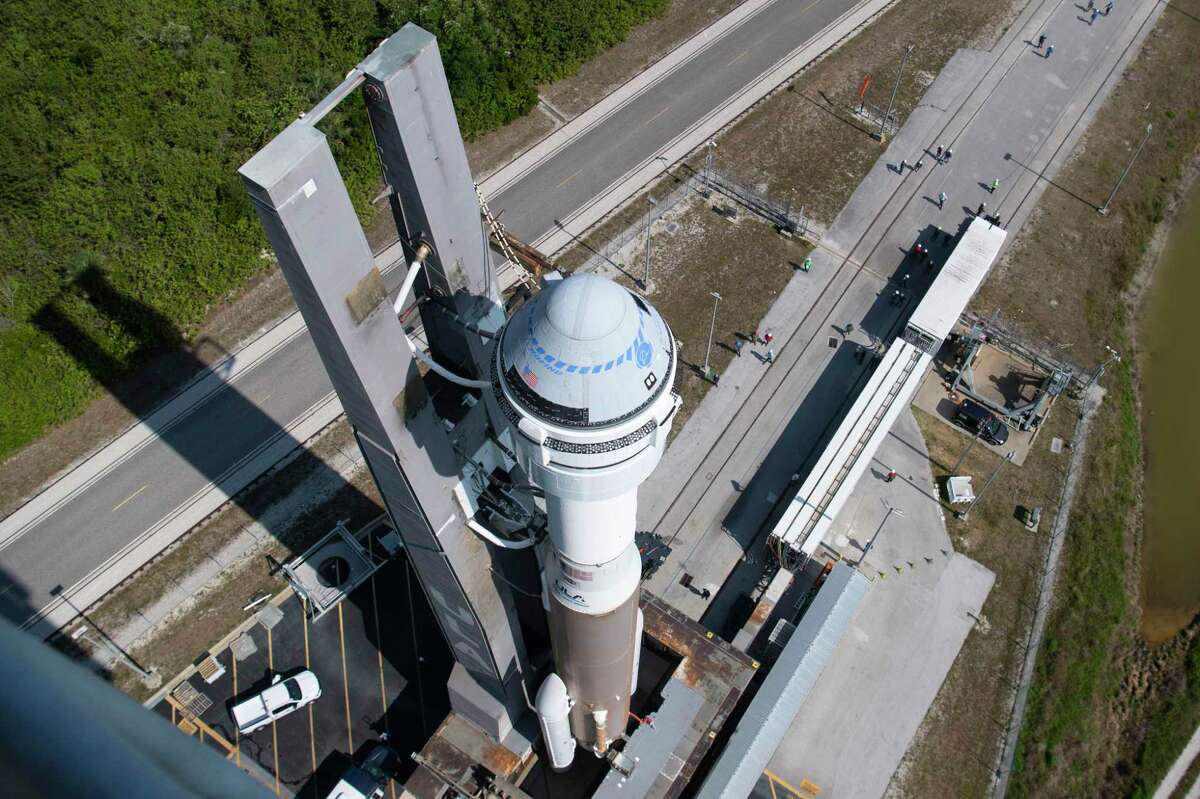 A United Launch Alliance Atlas V rocket with Boeing's CST-100 Starliner spacecraft is rolled to the launch pad at Space Launch Complex 41 ahead of the Orbital Flight Test-2 (OFT-2) mission, Wednesday, May 18, 2022 at Cape Canaveral Space Force Station in Florida.