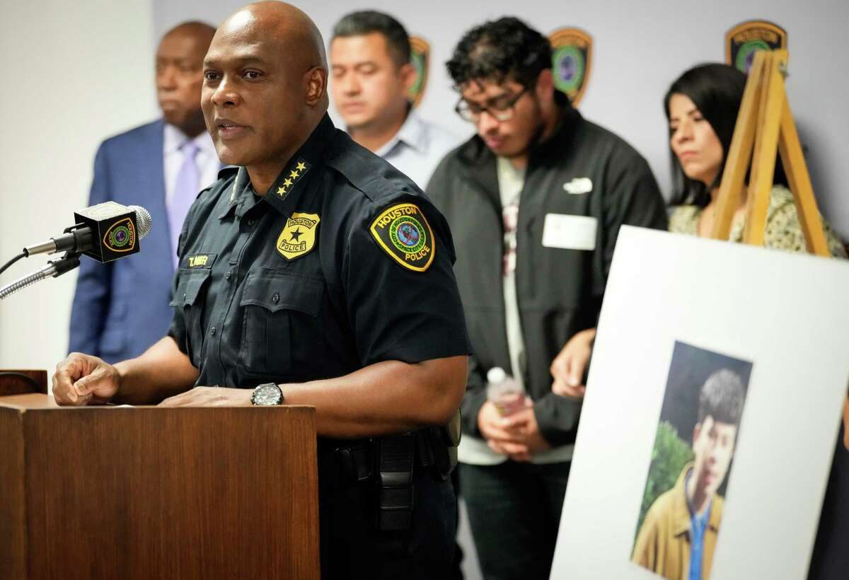 Houston Police Chief Troy Finner asks the public for information about the fatal shooting of Axel Turcios on Thursday, May 19, 2022, at Houston Police headquarters in Houston. The fourteen-year-old died May 7 after being shot the previous night during a robbery, police said.