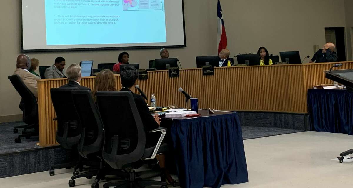 Beaumont ISD Superintendent Shannon Allen gives her monthly superintendent's report to the school board and public. Photo taken May 19, 2022. Photo by Olivia Malick/ The Enterprise