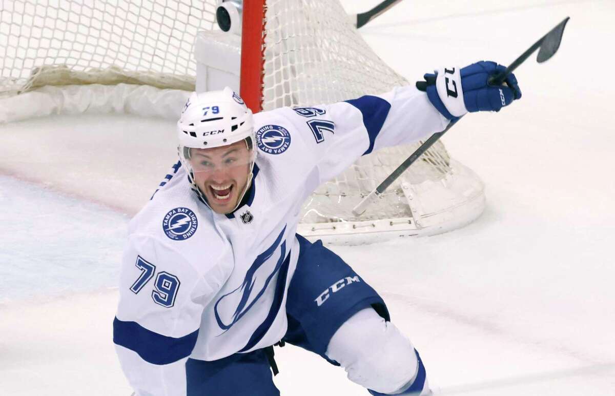Tampa Bay Lightning center Ross Colton celebrates scoring against the Florida Panthers in the closing seconds of Game 2 of their second-round playoff series.