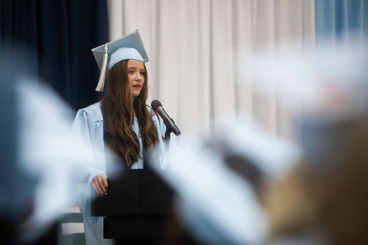 Dorothea L. Doud addresses her classmates as the Meridian Early College High School Class of 2022 celebrate their commencement Thursday, May 19, 2022 at the school in Sanford.