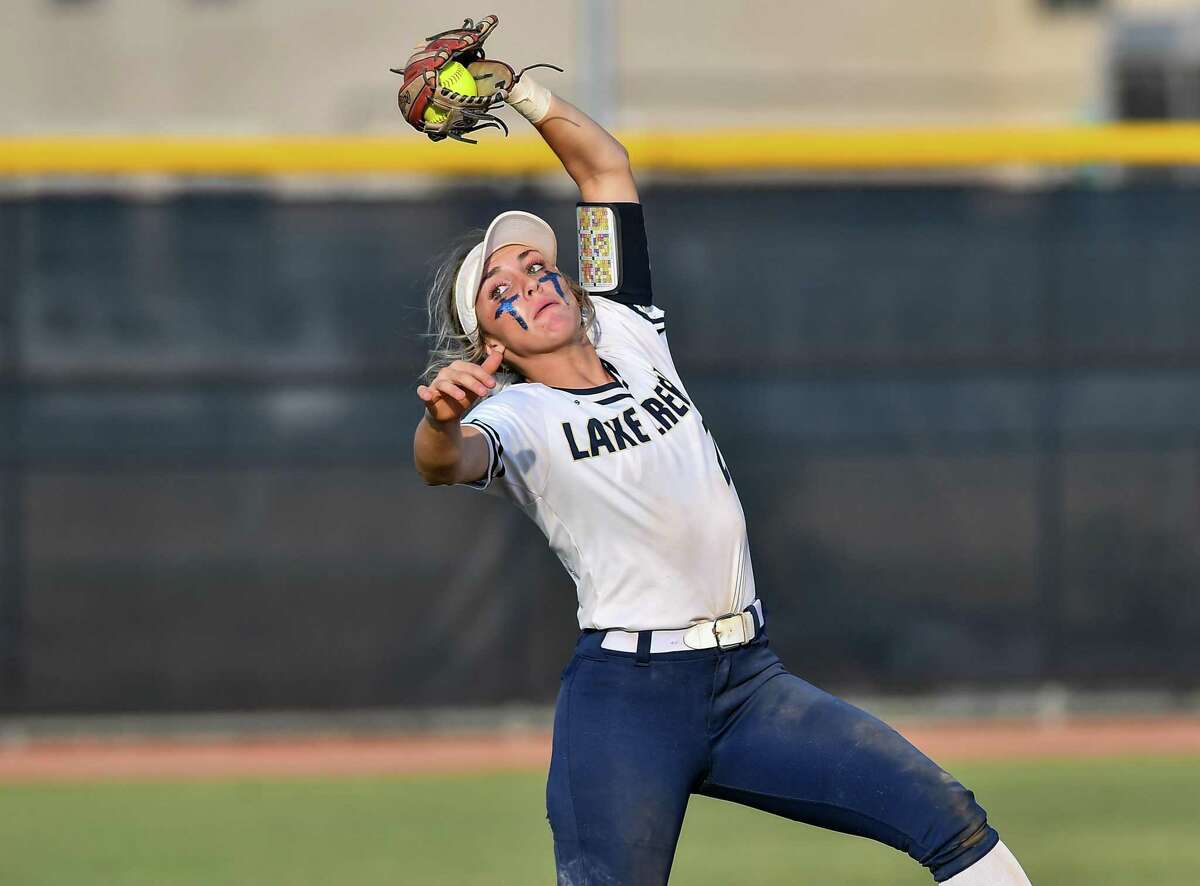 Lake Creeks Maddie Mckee (2) makes the catch in the second inning during a Region III-5A semifinals softball game at Tompkins High School on Thursday May 19, 2022.