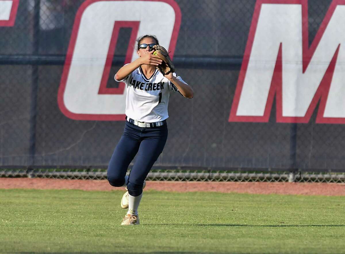 Lake Creeks Carmen Uribe (1) makes the catch in first inning during a Region III-5A semifinals softball game at Tompkins High School on Thursday May 19, 2022.