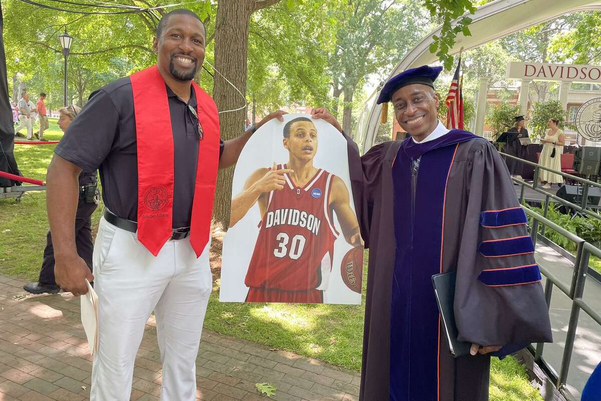 Warriors' Stephen Curry graduated with a sociology degree, fulfilling a promise he had made to his parents when he left college to declare for the 2009 NBA draft. Director of Athletics Chris Clunie and Dean of Academic Affairs Dr. Philip Jefferson with the Stephen Curry fathead at Davidson’s 2022 commencement.