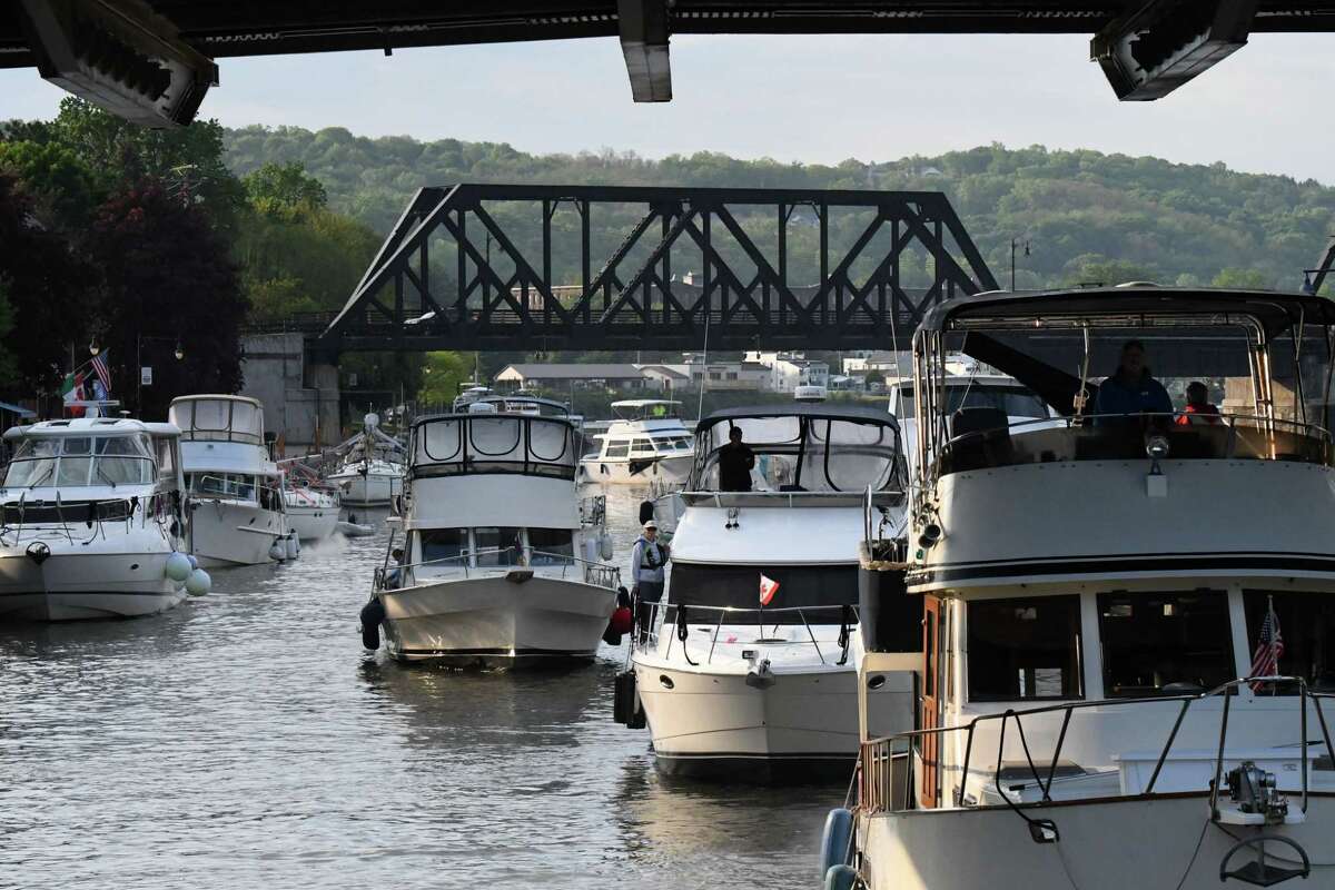 Boats line up outside Lock E-2 for the seasonal opening of the Erie Canal navigation season on Friday in Waterford.