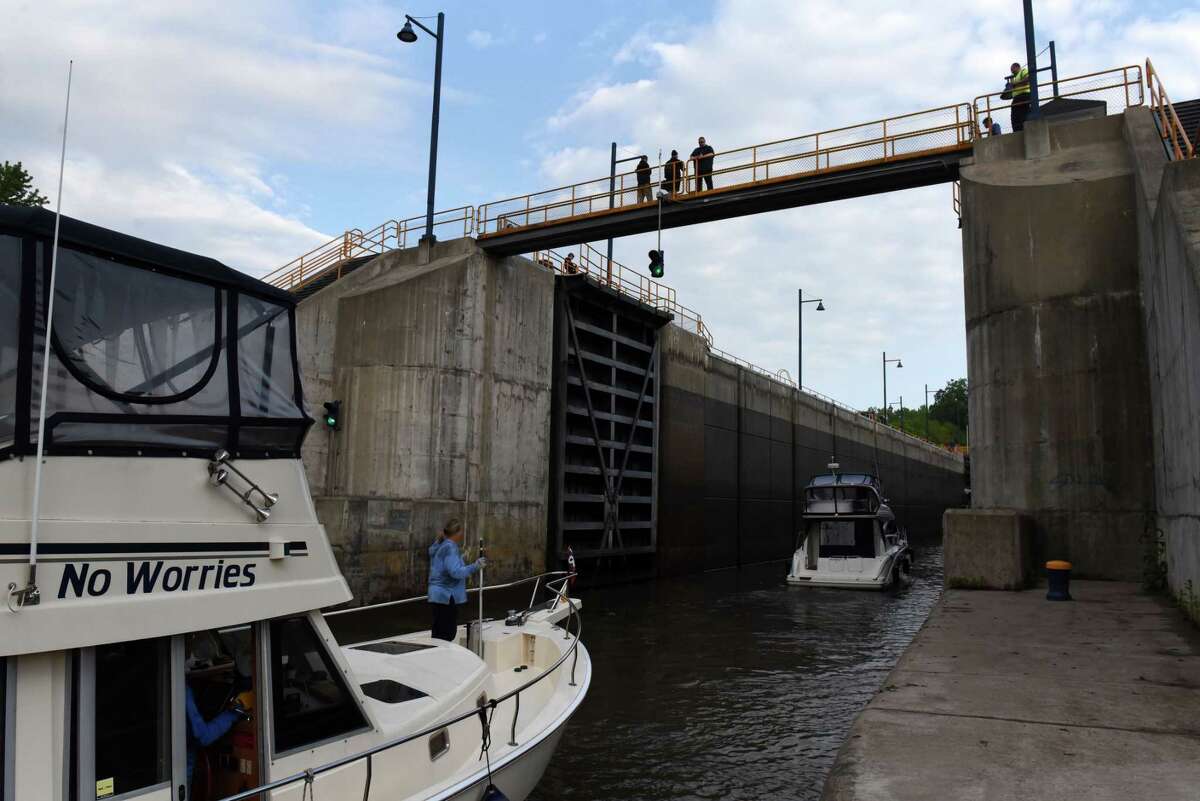 Boats enter Lock E-2 for the seasonal opening of the Erie Canal navigation season on Friday in Waterford.