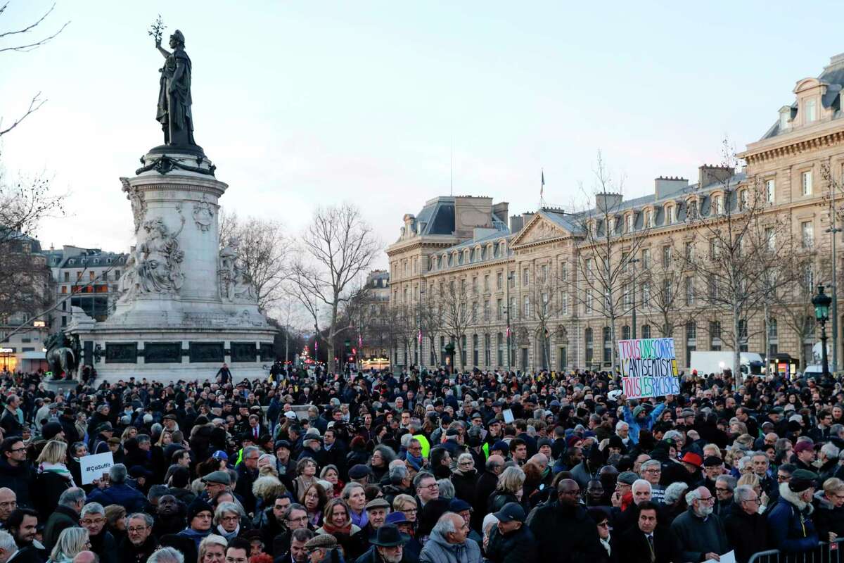 People they take part in a march against antisemitism, at Republique square in Paris, on Feb. 19, 2019.