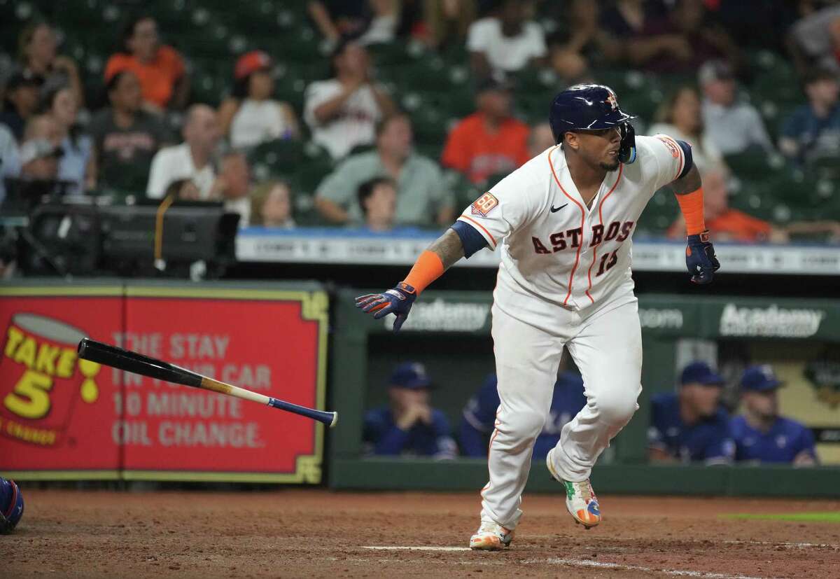 Houston Astros catcher Martin Maldonado (15) hit a three-run RBI double off of Texas Rangers Matt Moore during the eighth inning of an MLB at Minute Maid Park on Thursday, May 19, 2022 in Houston.