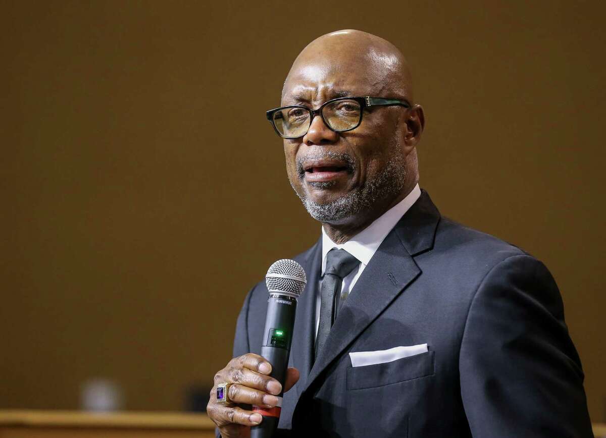 Bishop James Dixon II, president of Houston NAACP, sheds a tear while talking about the victims of the Buffalo, New York mass shooting at The Community of Faith Church on Thursday, May 19, 2022, in Houston.