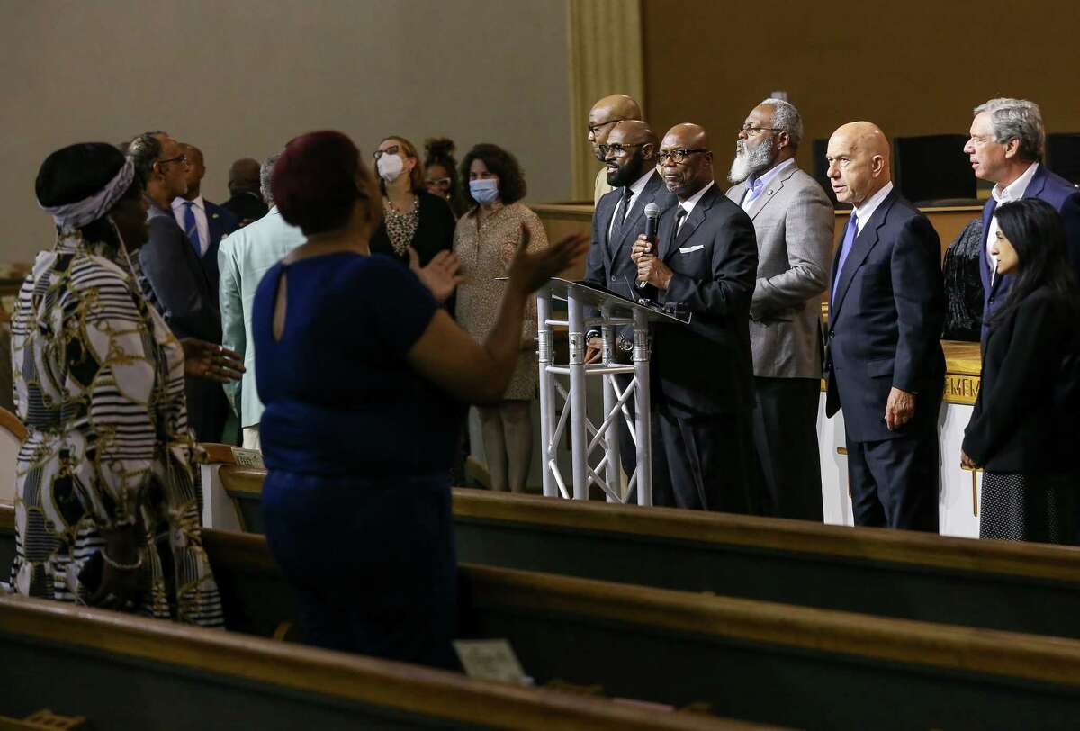 Bishop James Dixon II, president of Houston NAACP, other religious leaders and political figures gathered for a prayer vigil and press conference following the Buffalo, New York mass shooting at The Community of Faith Church on Thursday, May 19, 2022, in Houston.