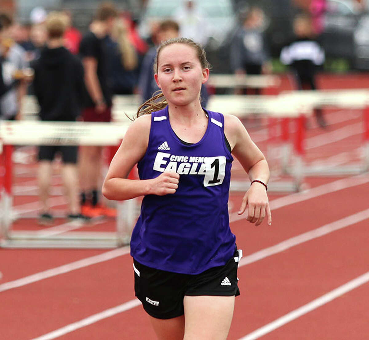 CM junior Hannah Meiser, shown alone on the lead in the 3,200 in a meet earlier this season, will run both the 3,200 and the 1,600 in Saturday's Class 2A state finals after qualifying in the 1,600 on Friday in Charleston.