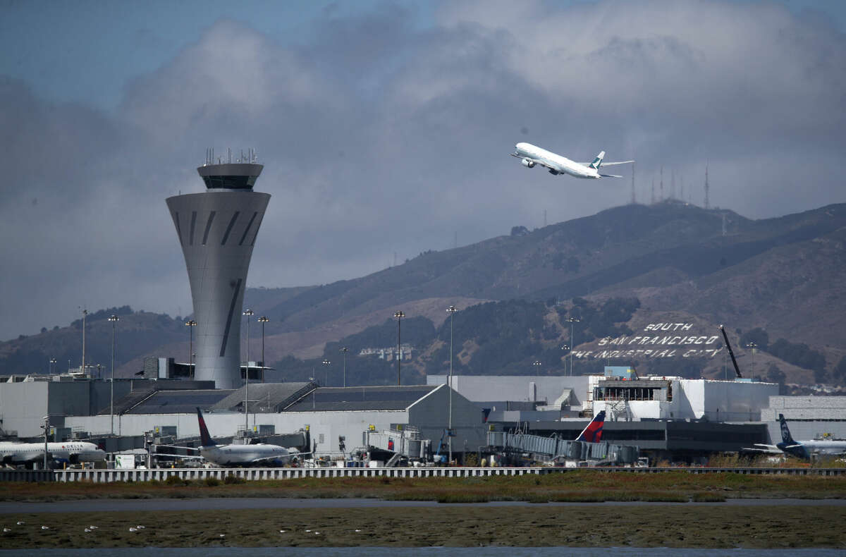 A plane takes off from San Francisco International Airport in September 2019.