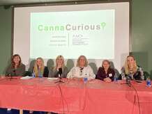 Panelists from the CannaCurious? event in Westport hosted by the Southern Connecticut chapter of the American Marketing Association. The panelists, from left to right, are Amy Deneson, Emily Tuttle, Renee Cotsis, Sheri Orlowitz, Michelle Seagull and Jacqueline Bennett.
