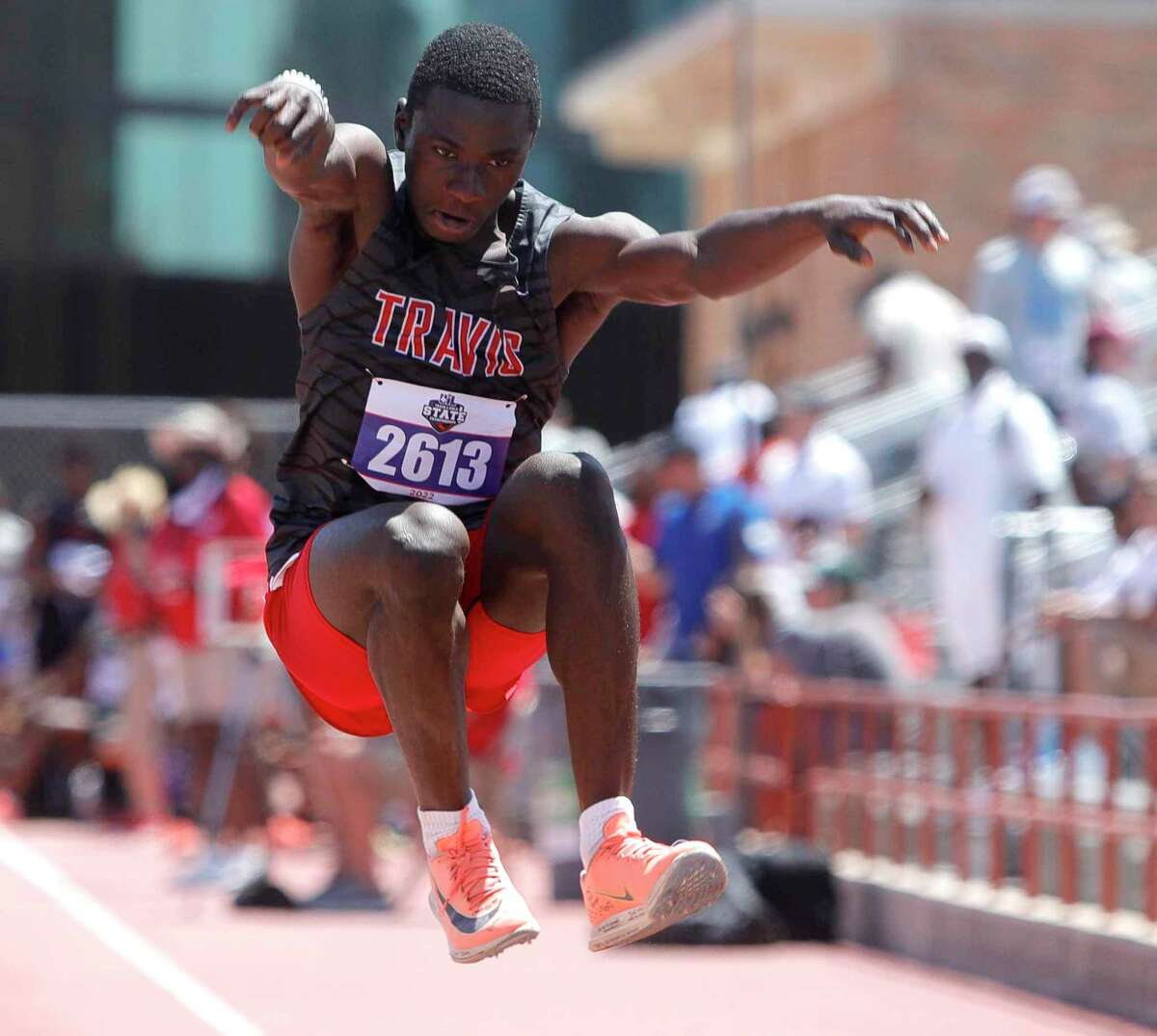 Damilare Olukosi of Fort Bend Travis competes in the Class 6A boys triple jump during the UIL State Track & Field Championships at Mike a Myers Stadium, Saturday, May 14, 2022, in Austin.