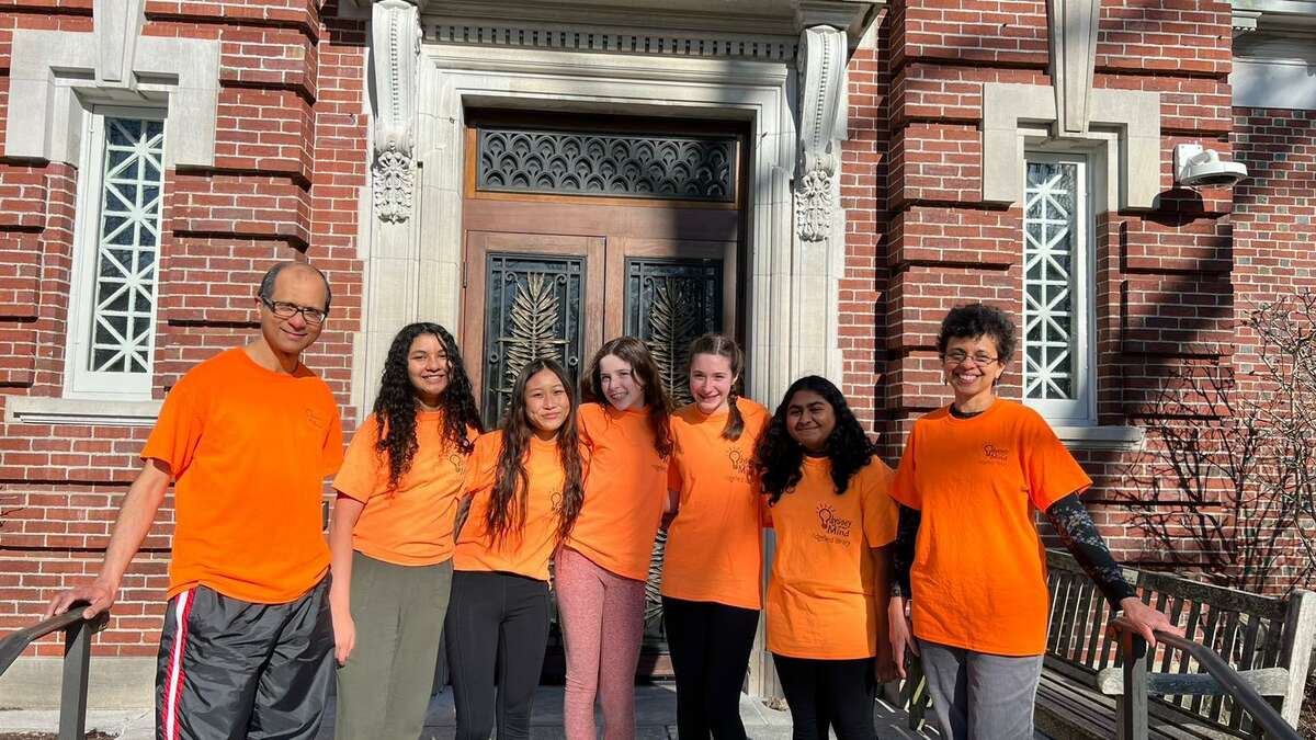 The Ridgefield Library’s Odyssey of the Mind team that will be competing at the 2022 World Finals. Left to Right, Arun Sathyagal (assistant coach), Pranati Sathyagal, Hanna Zhao, Anahit Abernethy, Eva Figlar, Mridhula Praveen, Bhargavi Ramamurthy (head coach).