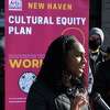 New Haven Director of Cultural Affairs Adriane Jefferson speaks at a press conference on the release of the city's Cultural Equity Plan in front of the Dixwell Community Q House in New Haven on Jan. 13, 2022.