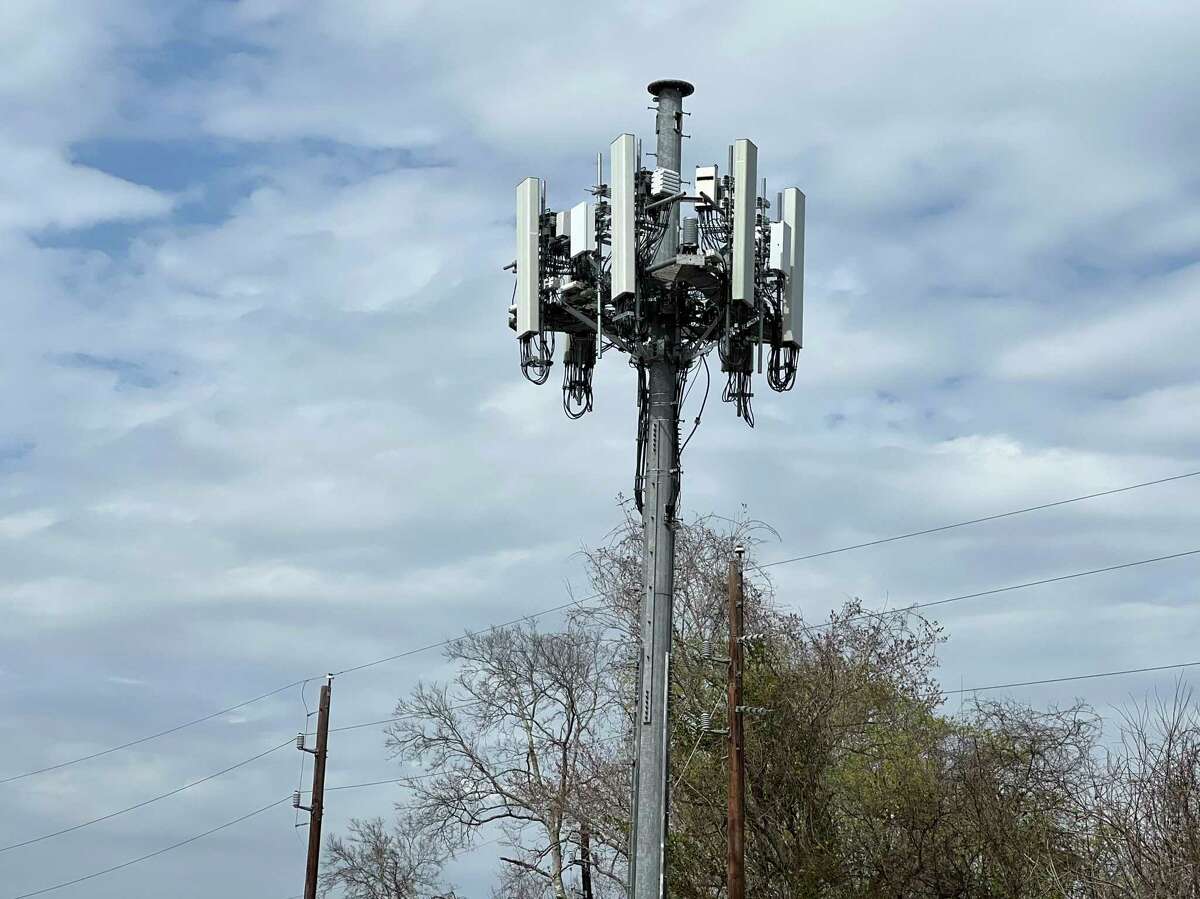 This AT&Tcelltower, near Barker Cypress and Clay roads, is one of the few in Houston that transmits C-band 5G signals. (Dwight Silverman)