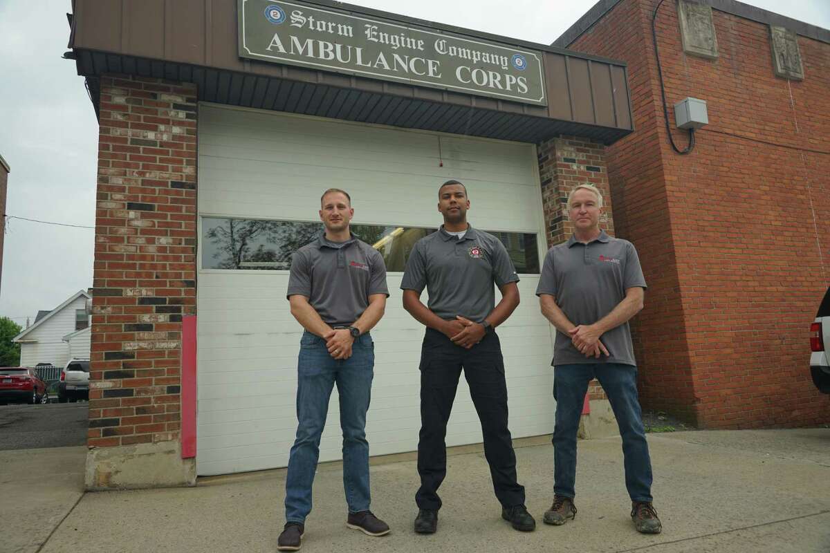 From left to right: Northeast Fire-Rescue co-founder Tom Varanelli, Storm Ambulance Corps. Chief Javonte Ramos and Northeast Fire-Rescue co-founder Jeff Neumann on May 20 in Derby
