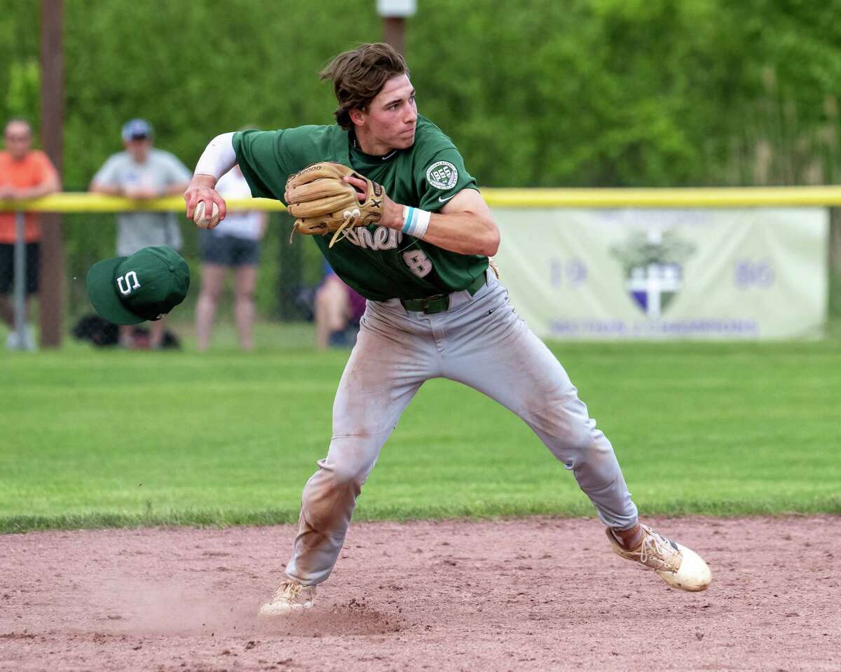 Shenendehowa shortstop Ethan Farina makes a play in the hole during the Class AA quarterfinals against at CBA in Colonie on Friday, May 20, 2022. (Jim Franco/Special to the Times Union)