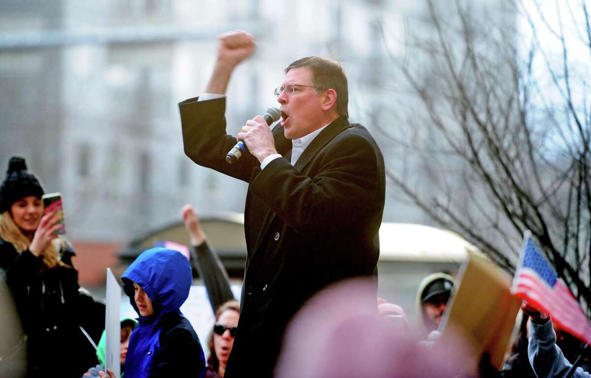 State Rep. Tom O'Dea, R-New Canaan, spoke to more than 100 anti-mask protesters who gathered in front of the Stamford Government Center in February.