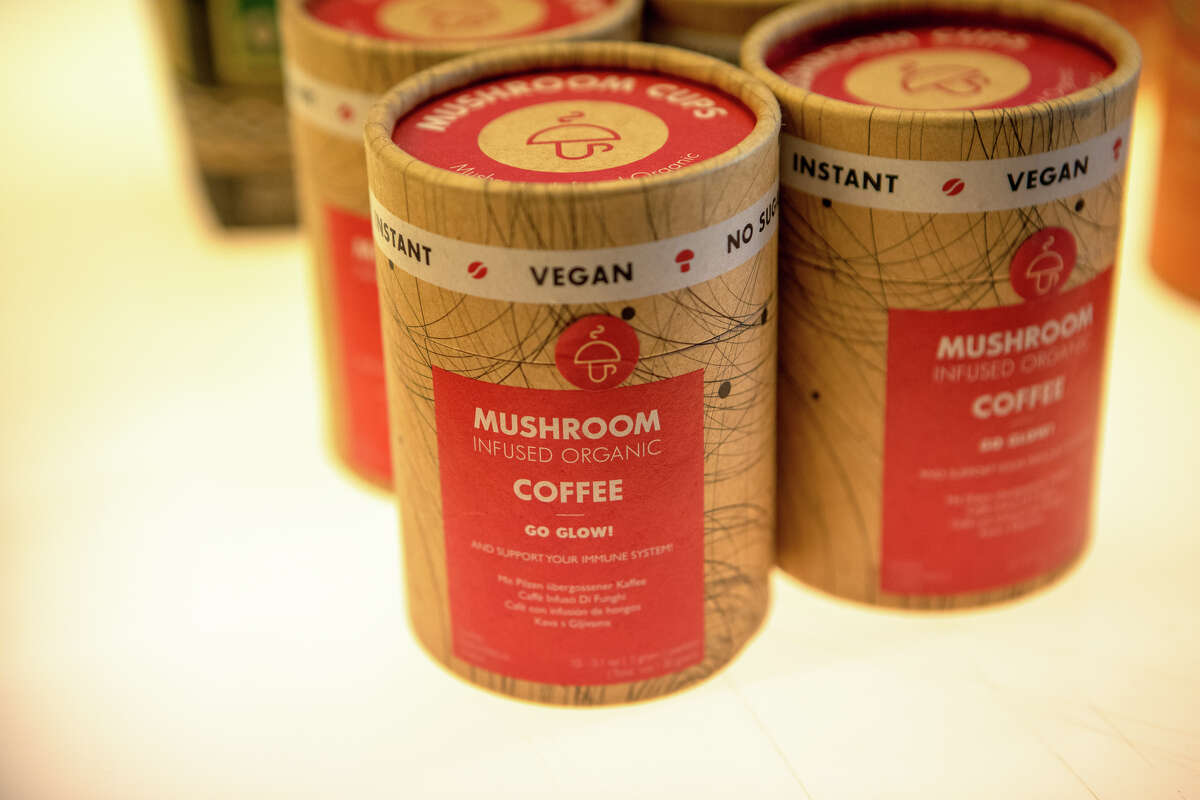 Some mushroom infused coffee available at Professor Seagull?•s Smartshop in San Francisco, Calif. on May 19, 2022. The shop specializes in obscure and legal psychedelics.